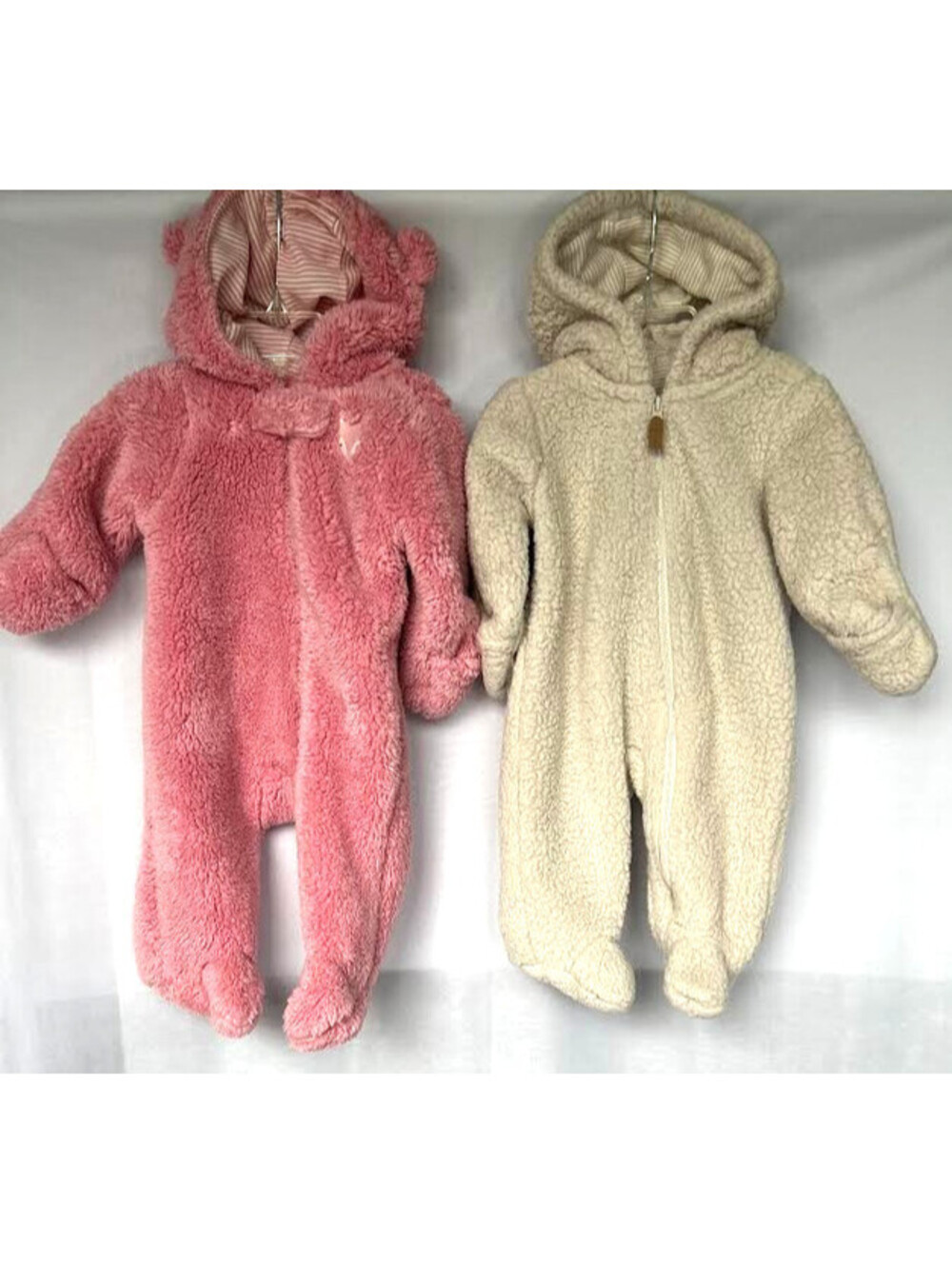 Hooded Fleece Jumpsuits-Size 3 Months, Lot of 2, Pink & Beige, Made By Carter's